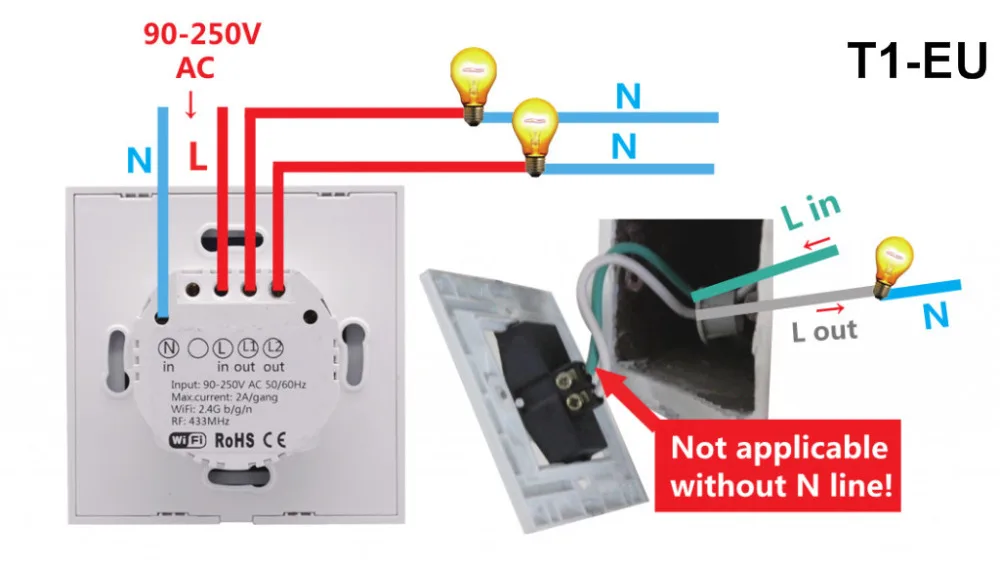 Интеллектуальный выключатель света Sonoff T1 US/EU Wi-Fi RF/APP/сенсорный экран Управление настенный светильник Переключатель 1/2/3 банда 86 Тип Панель настенный сенсорный светильник переключатель умный дом пульт дистанционного управления