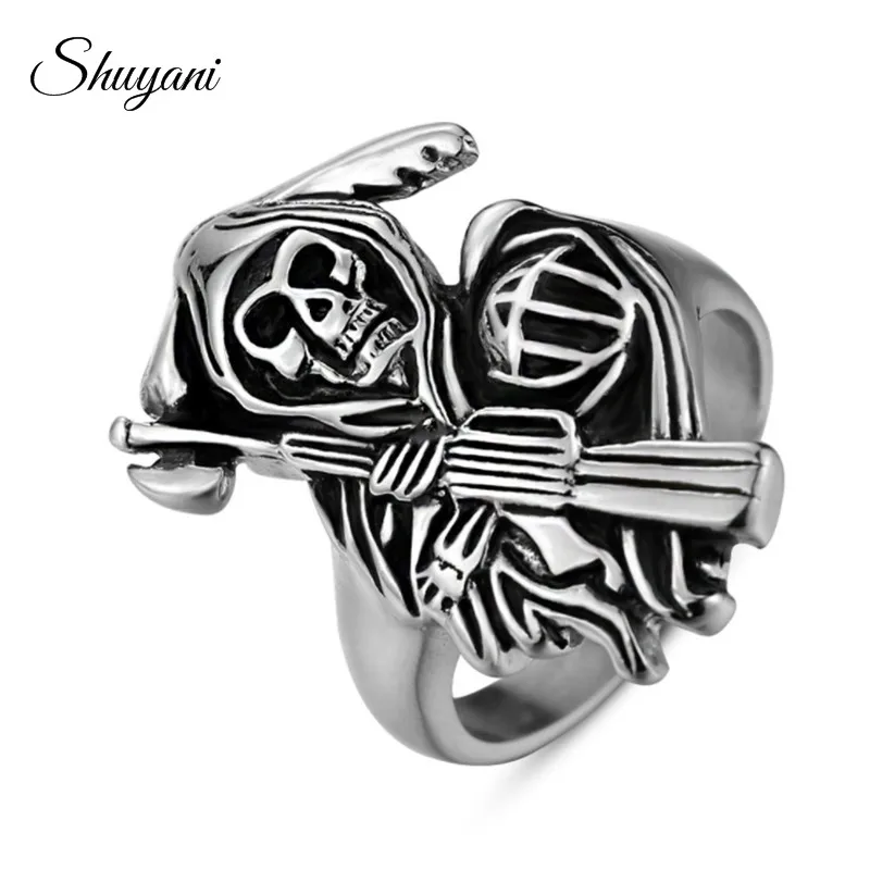 Shuyani Vintage Punk Grim Reaper Skull Gun Ring Stainless Steel Never