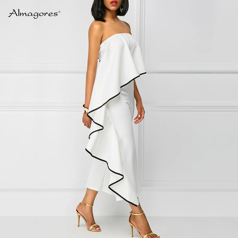 White Red rompers womens jumpsuit Ruffles Summer Strapless Elegant Backless Evening Party Rompers Overalls macacao feminino 2018