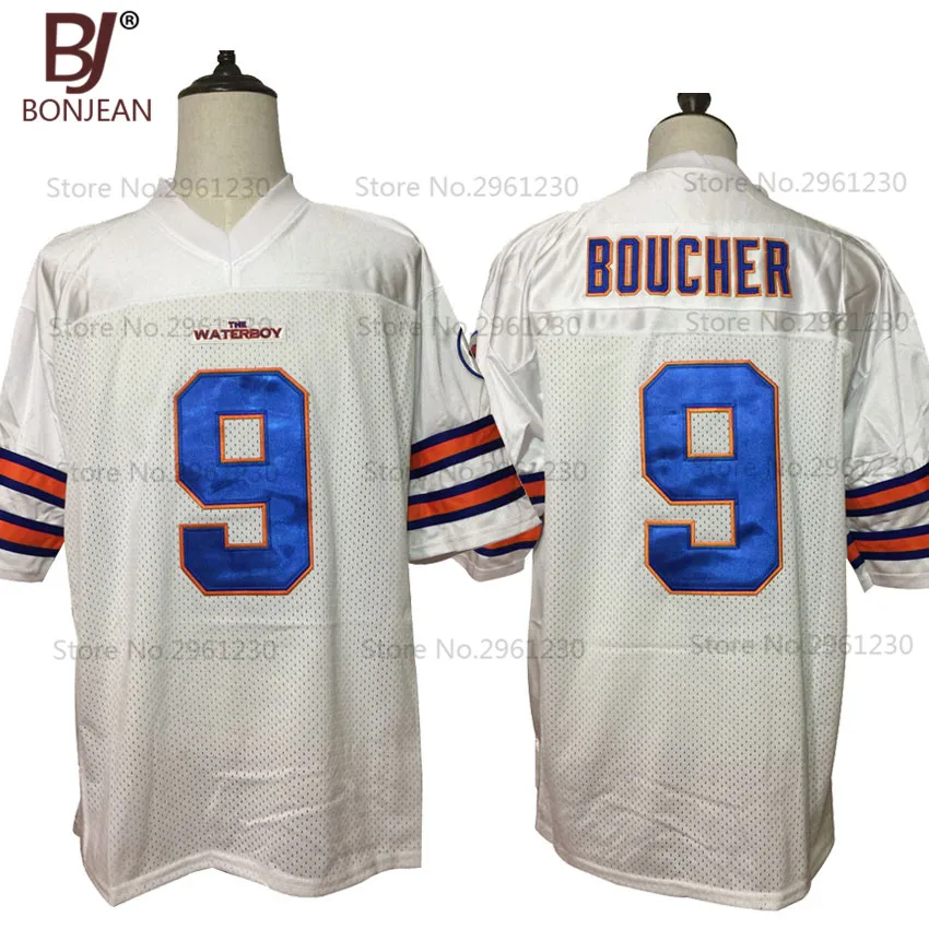 

New Adam Sandler 9 Bobby Boucher American Football Jerseys The Waterboy Mud Dogs Football Jersey White Orange Stitched Shirts