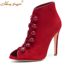 Ручной работы; цвет красный, черный; ботильоны из мягкой натуральной кожи на высоком каблуке с открытым носком; женская обувь; zapatos mujer; Nancyjayjii