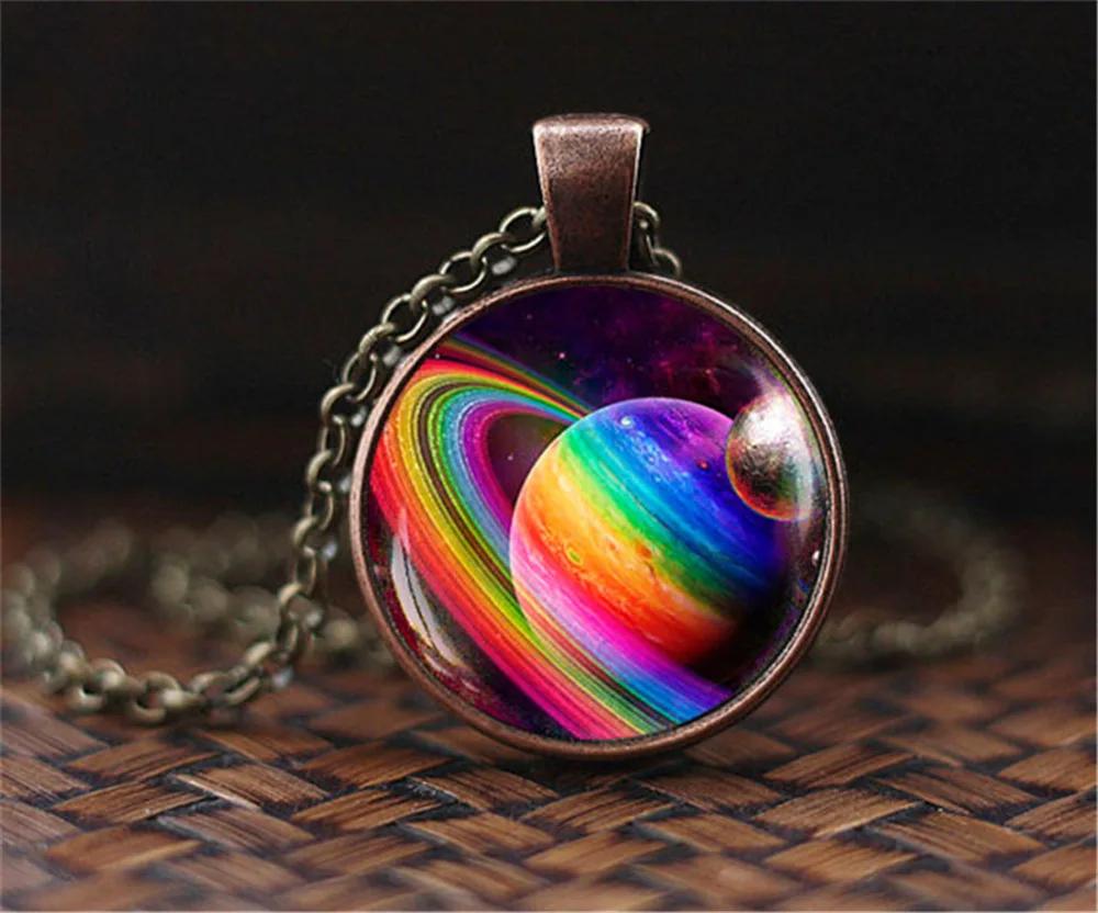 

SUTEYI Vintige Red Bronze Solar System choker Necklace Planet Universe Galaxy Pendant Necklace Clothes Chain Glass Dome Necklace