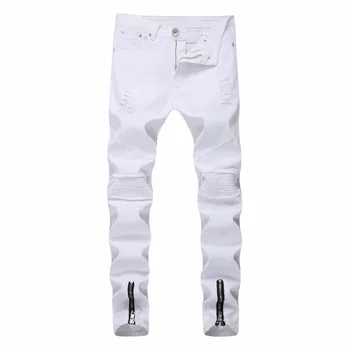 

Top quality 2020 Fashion Male Europe United States design white men's jeans Zipper feet hole locomotive Pleated hip hop jeans