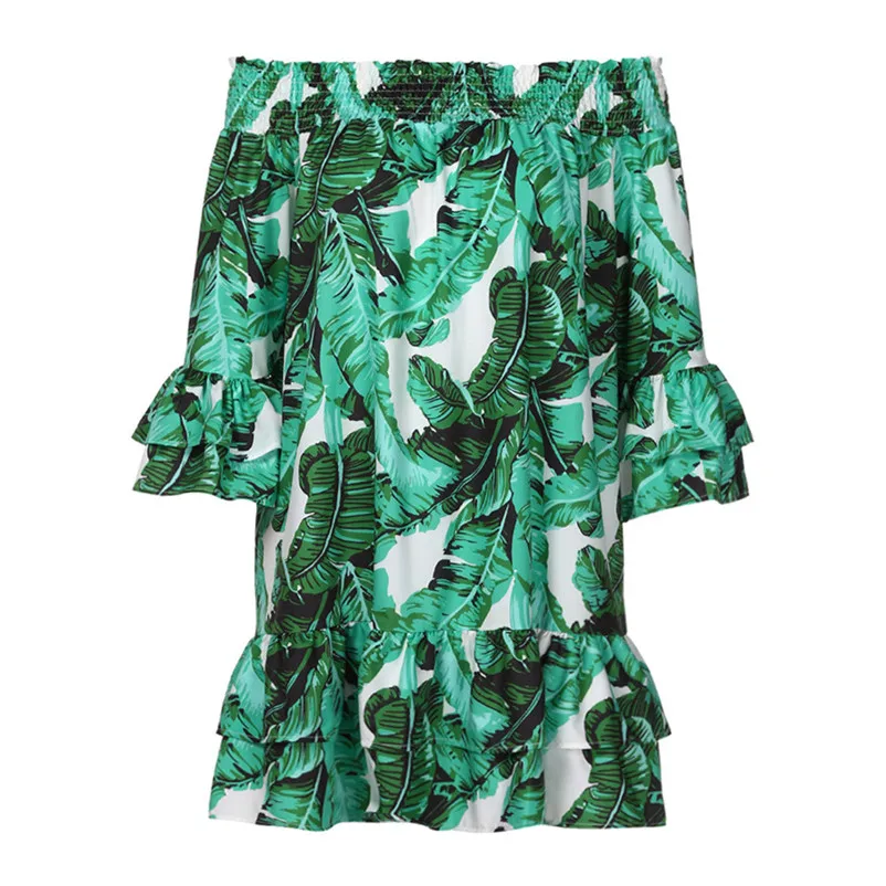 2018 HOT sell Dress summer beach dress Women Sexy Leaves Printing Off Shoulder Half Sleeve Dress Princess Dress vestido J07#N (13)