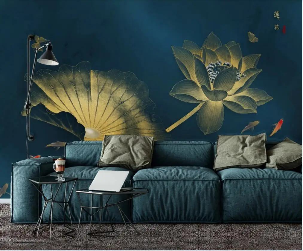 Customized 3D mural wallpaper abstract gold light luxury background wall lotus decorative painting
