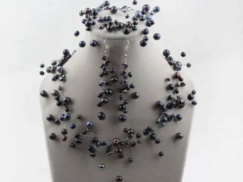 

Details about Black Freshwater Pearl Necklace, Bracelet & Earrings - Bridal jewellery set
