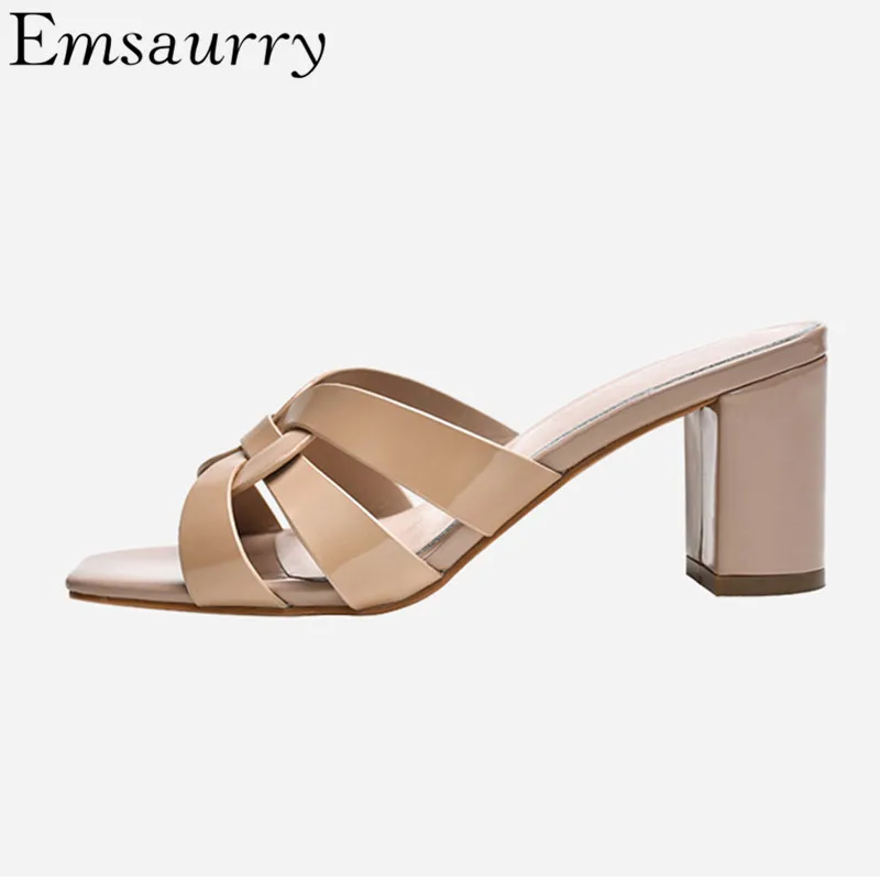 

Cross Braided Patent Leather Slippers Women Square Chunky Heel Open Toe Silm Summer Slides Jelly Color Beach Shoes Woman