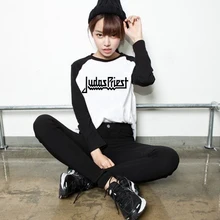 Loose Style Rock Music Punk Dragon Judas Priest Women PVC Letter Print T-shirt Female Raglan Long Sleeve Tshirt T Shirts