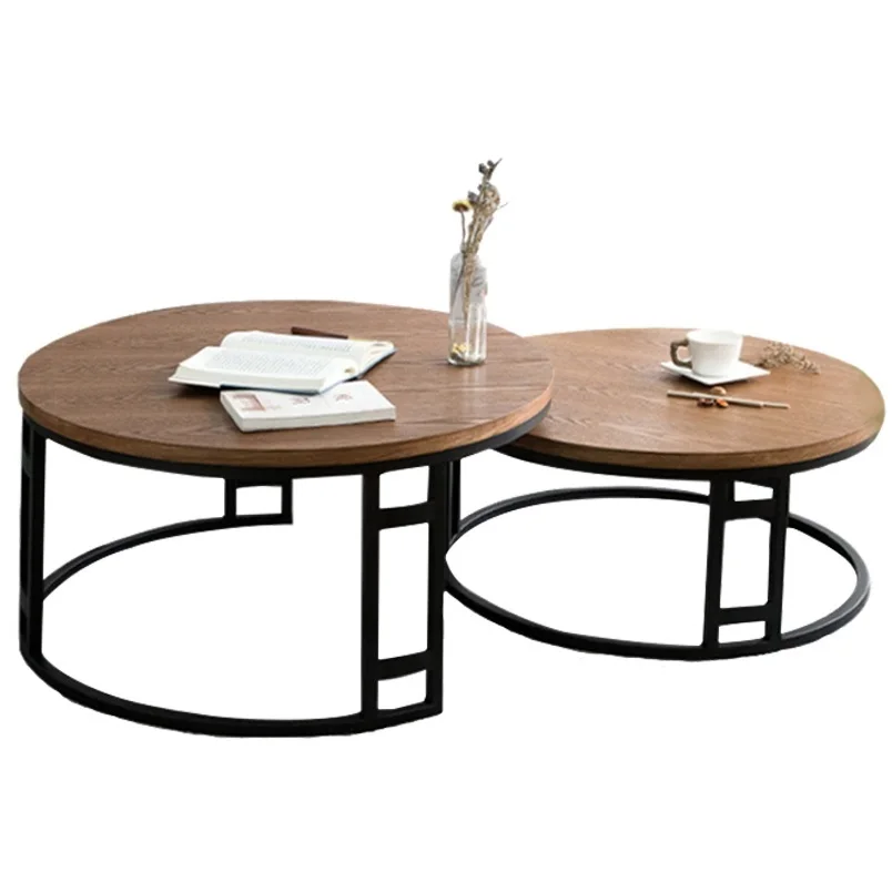 Nest Coffee Table with Metal Frame in Black / 80cm+70cm Round Plywood Top