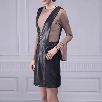 

New Genuine Leather V-Neck Sleeveless Strap Dress Womens Long Sheepskin Dresses Zipper Female Robe Femme Party Dress Plus Size