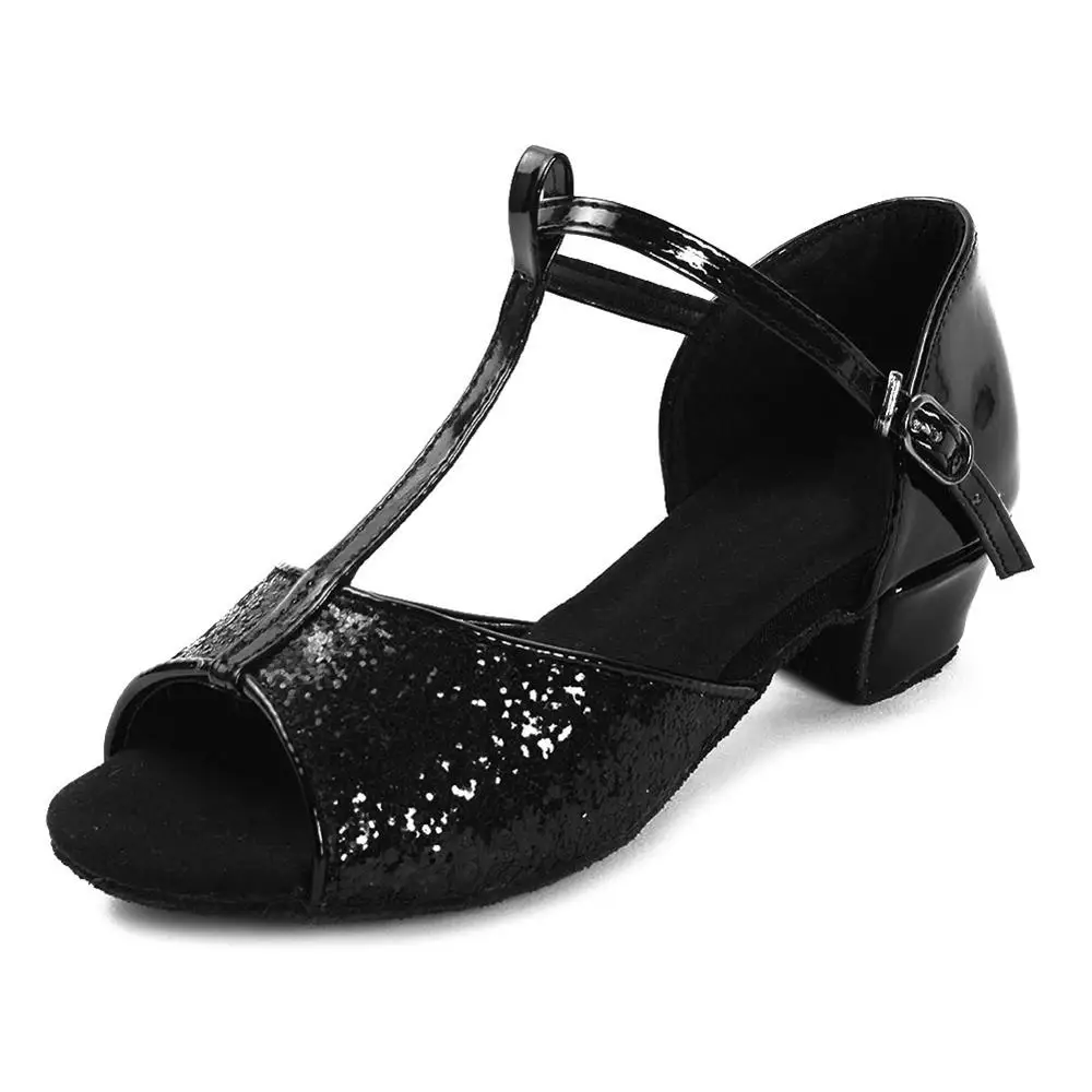 Новое поступление, бальные туфли для латинских танцев для женщин, детей 17-25 см, танго, высокое качество, низкий каблук для женщин, латинские танцевальные туфли - Цвет: Black Sequin