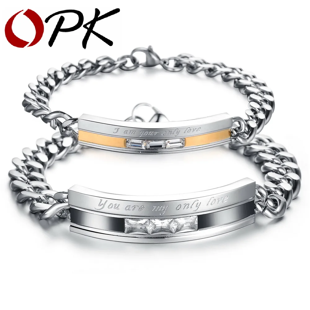 ОПК 1 пара цена влюбленных кубического циркония звено цепи Браслеты Винтаж черный/золото Цвет Нержавеющая сталь Для женщин Для мужчин подарок ювелирных изделий