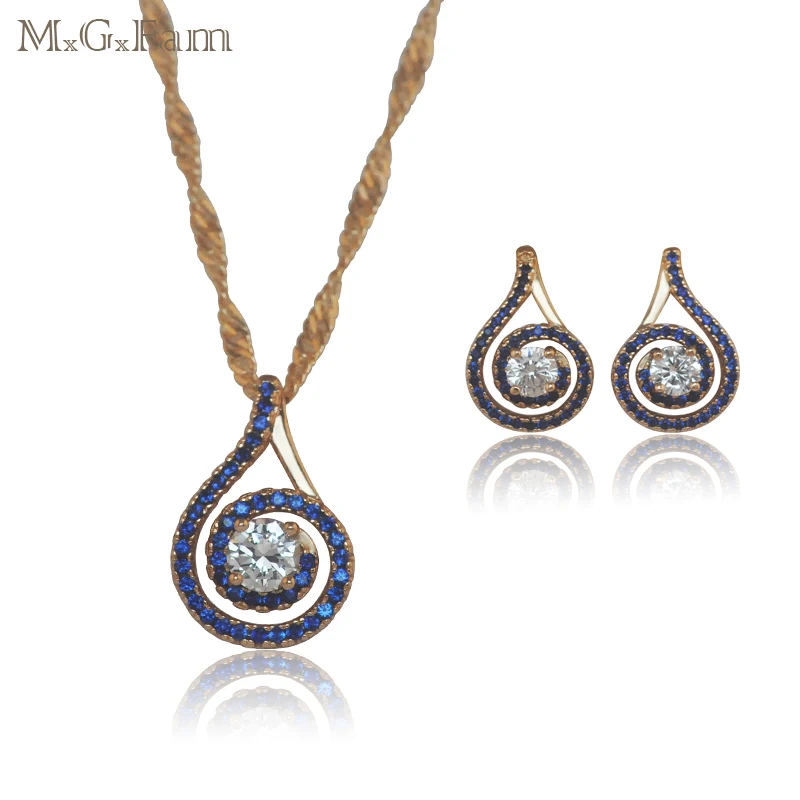 M.G.Fam Blue Stone Jewelry Set Women 18 K Yellow Gold color Lucky Round