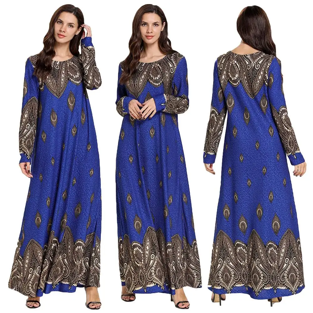 

New Vintage Abaya Kaftan Women Muslim Long Robe Dubai Print Maxi Dress Gown Ethnic Islamic Clothing Arab Dresses Plus Size M-4XL