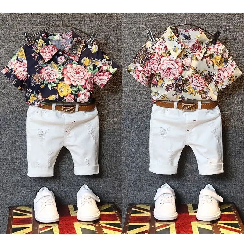 

2Pcs Toddler Kids Baby Boy Clothes Sets Floral T-shirt Tops+White Middle Pants Fashion Summer Outfits Children Clothing 2 Colors