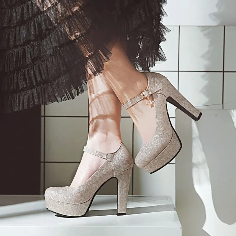 Women Pumps Super High Heels Sexy New Fashion Square Heel Platform 2018 Spring Autumn Pu Bling Party Wedding Shoes Gold Purple