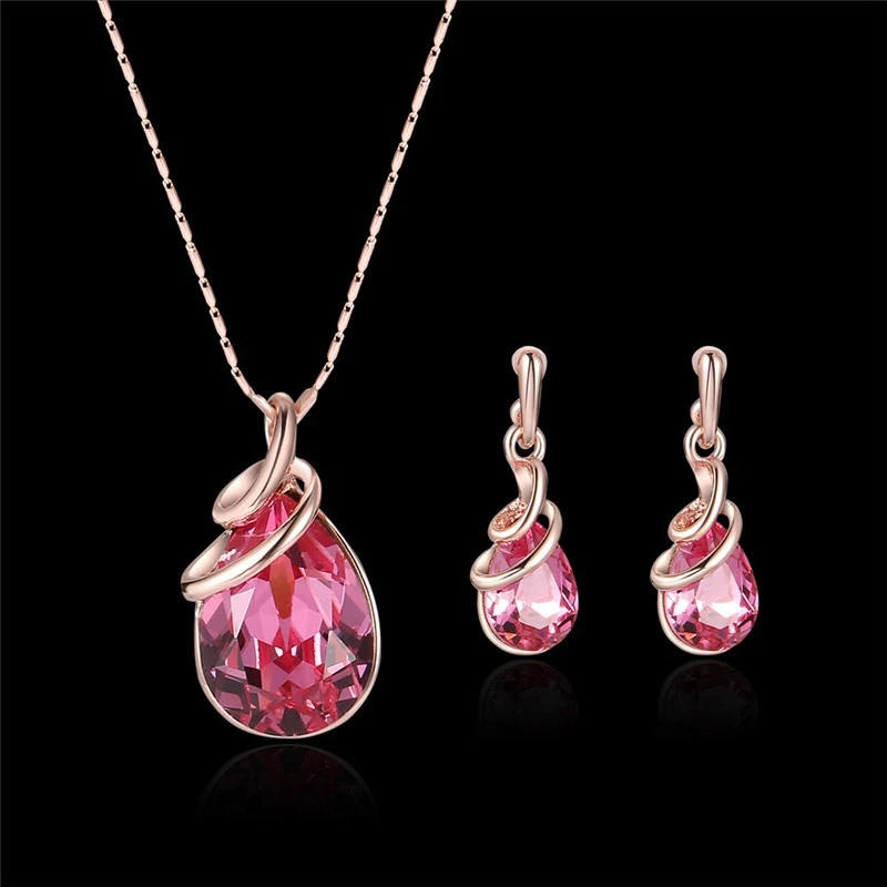 

Fashion temperament rose red purple blue 3 color optional crystal inlaid necklace earrings ladies suit Valentine's Day gift A563