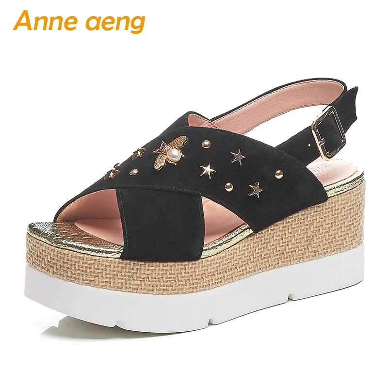 

2019 New Summer Genuine Leather Women Sandals Kid Suede High Wedge Heel Buckle Casual Fashion Women Platform Shoes Black Sandals