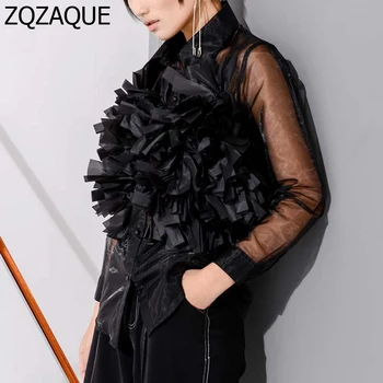 

European and American 2019 New Lace-up Knot Decorated Luxury Women's Shirts Sexy Perspective Mesh Long Sleeve Lady Blouses SY945