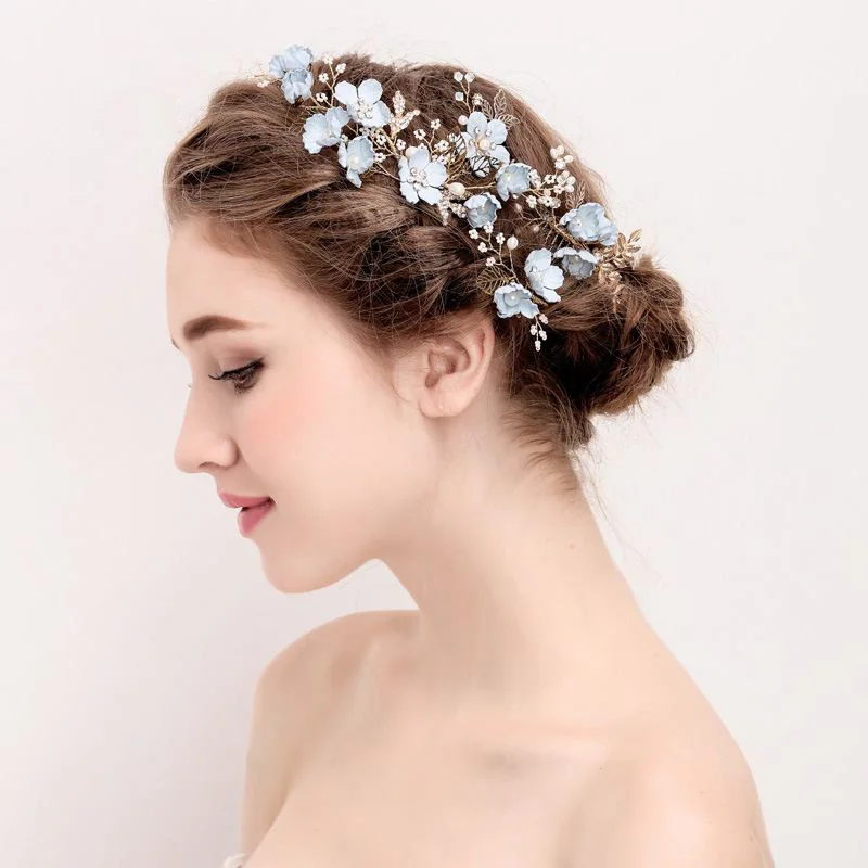 Синие женские свадебные украшения со стразами заколки для девочек жемчужные цветочные ювелирные изделия Хрустальная заколка для волос в форме короны расческа аксессуары для волос