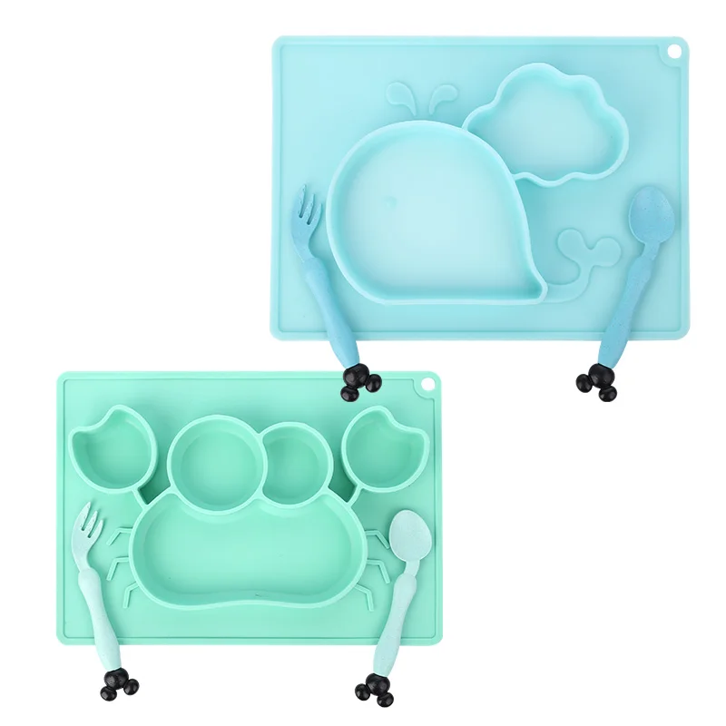 

3pcs Baby Silicone Dining Plate Cartoon Whale Crab Toddler Tableware Set Children Feeding Bowl Plates Kids Dishes Anti-fall Tray