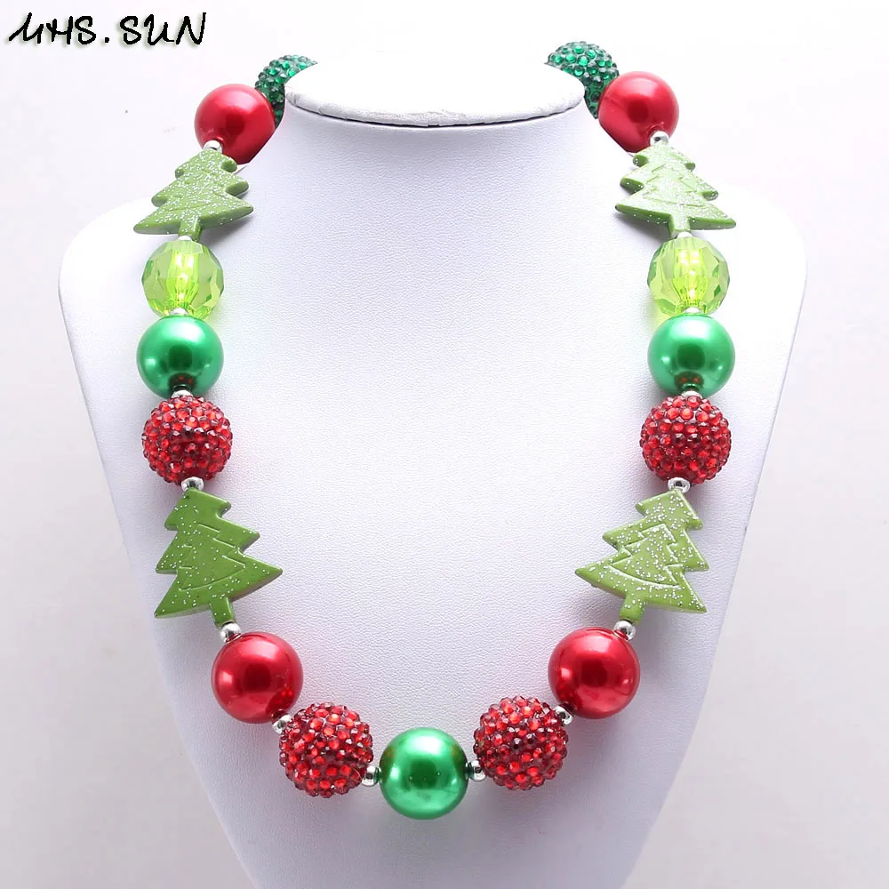 606-1 (5),$5.85-1PC-100g Christmas Style Girls Beads Chunky Necklace Fashion Tree GreenRed Bubblegum Beads Chunky Jewelry Necklace For Kid Child