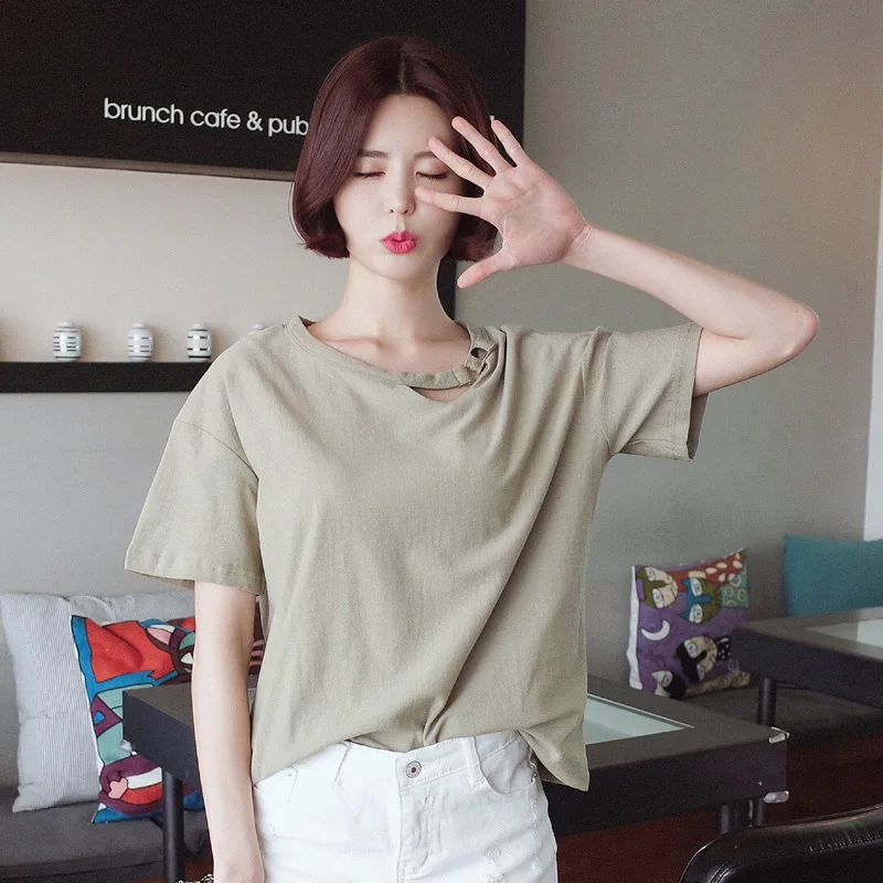 

MLXSLKY Summer loose button necklace solid color womens Cotton short - sleeved T - shirt
