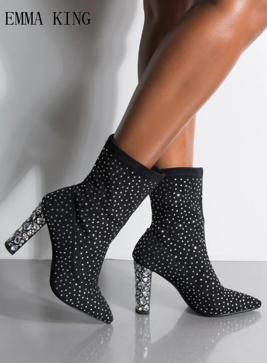 

EMMA KING Winter Suede Luxurious Diamond Women Ankle Boots Design crystal Studded High Heels Shoes Pointed Toe Ladies Boots
