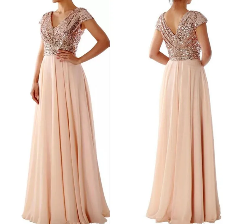 

Hot Sale Cap Sleeves V Neck Sequined Chiffon Rose Gold Bridesmaid Dress Long Wedding Party Gowns Custom Made Prom Dress