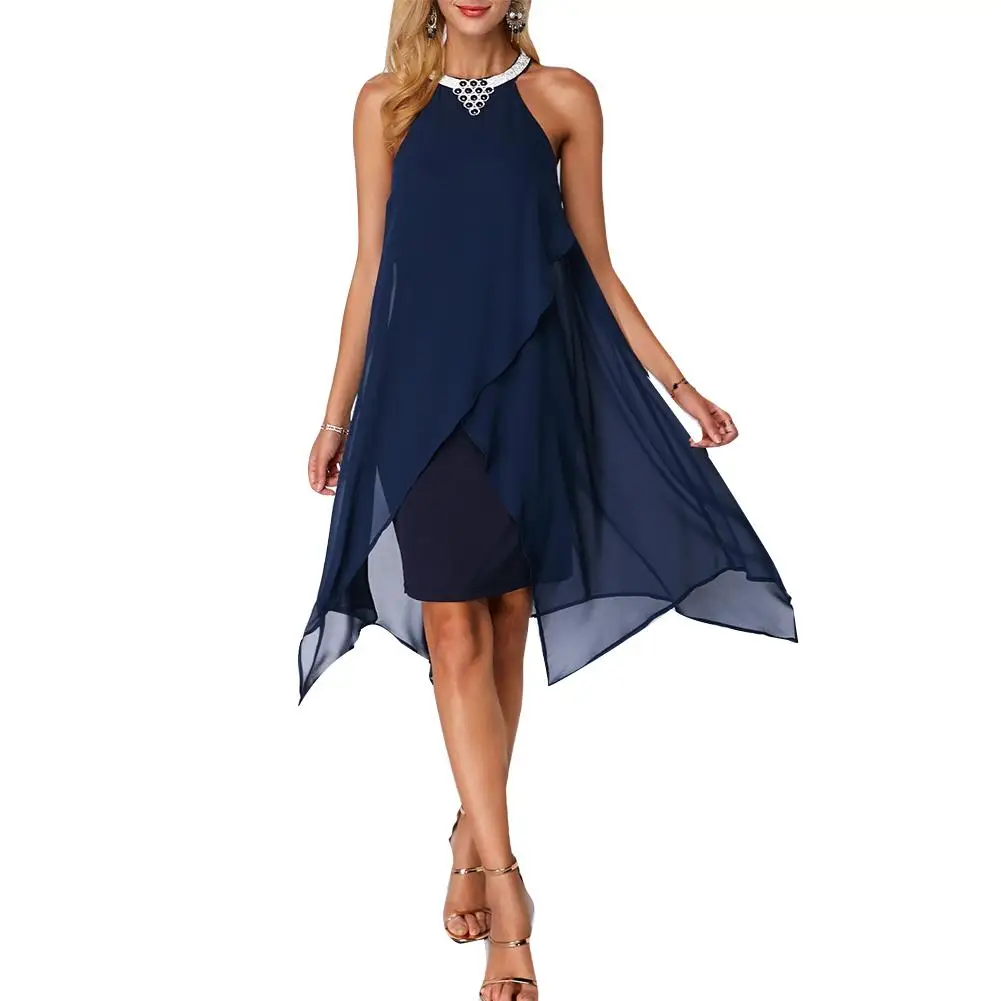 

2019 Summer Women Round Neck Sleeveless Irregular Double Layer Chiffon Midi Dress