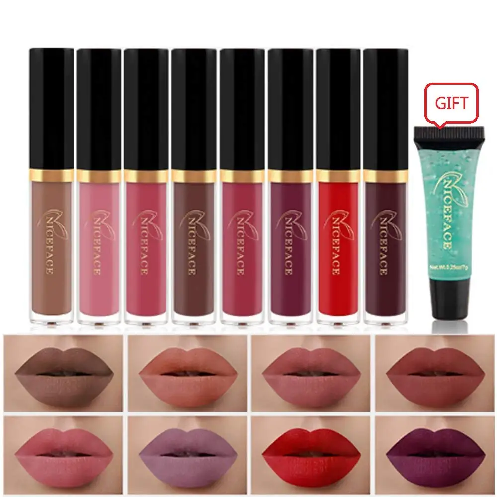 

NICEFACE lipstick matte set 8 Colors Waterproof Long Lasting Lip Gloss Non-Stick Cup Liquid Lipstick Set With Makeup Remover Gel