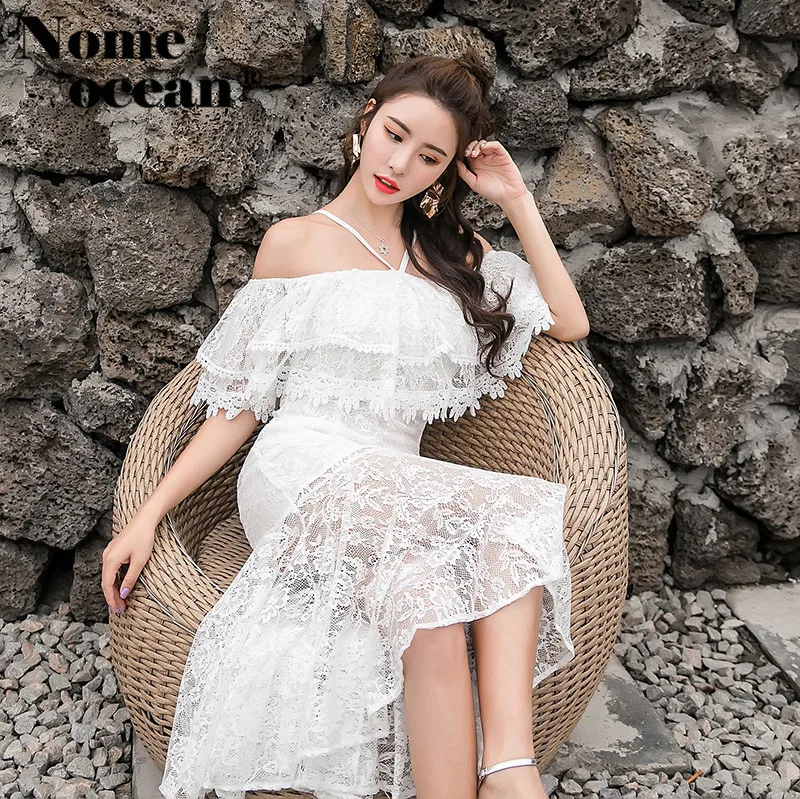 

Halter-neck Off Shoulder Midi Dresses Ruffle Layered Mermaid Dress 2018 Summer Women's Short Sleeve Lace Dress M18051405