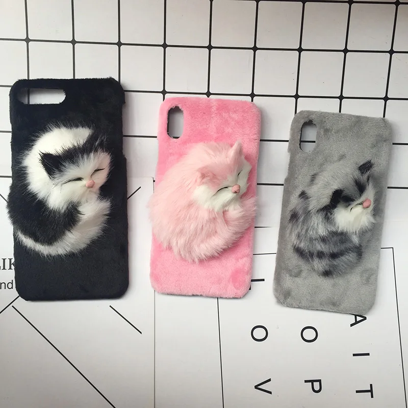 3D Cute Sleep Cat Furry Warm Phone Cases For iphone 6 6S 7 8 Plus X Hard PC Plush DIY Cover For iphone 7 8 Plus Fundas (2)