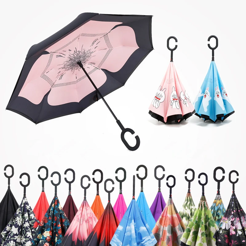 

Double Layer Umbrella Reversed Inverted Windproof Rain Car Reverse Umbrellas for Women and Men Sun Parasol Female C-Hook Hands