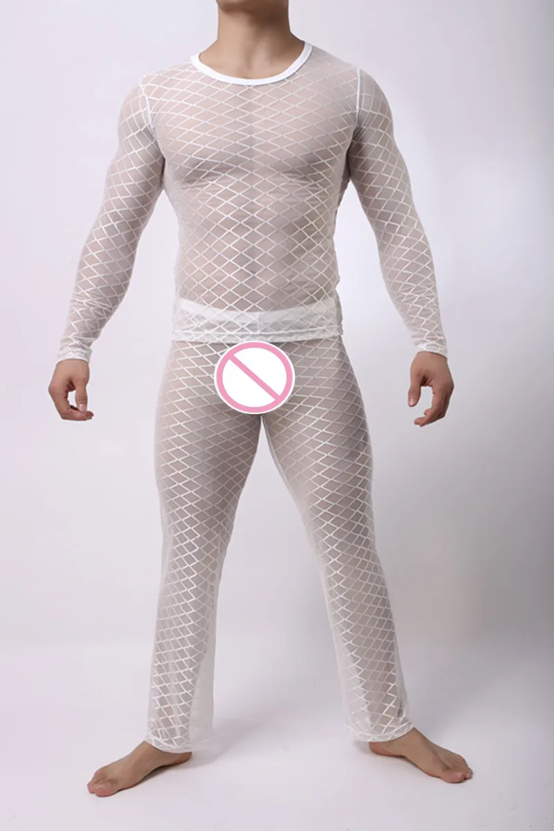 Fashion Men's Mesh Argyle Transparent Sleep Pajama Sets Sexy Bodybuilding T Shirts And Long Pants men's cotton pajama pants with pockets