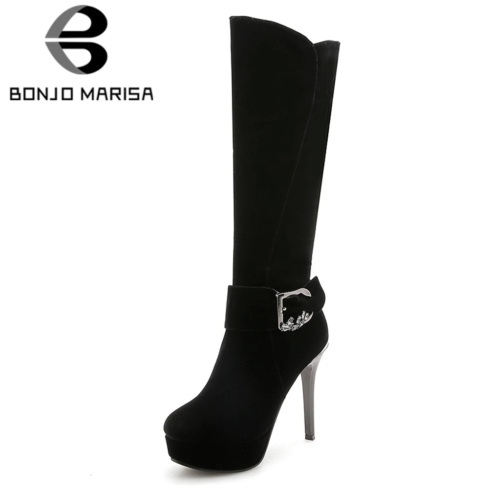 

BONJOMARISA Women Thin High Heel Shoes Faux Suede Woman Shoes Autumn Winter Buckle Round Toe Plaform Knee Boots