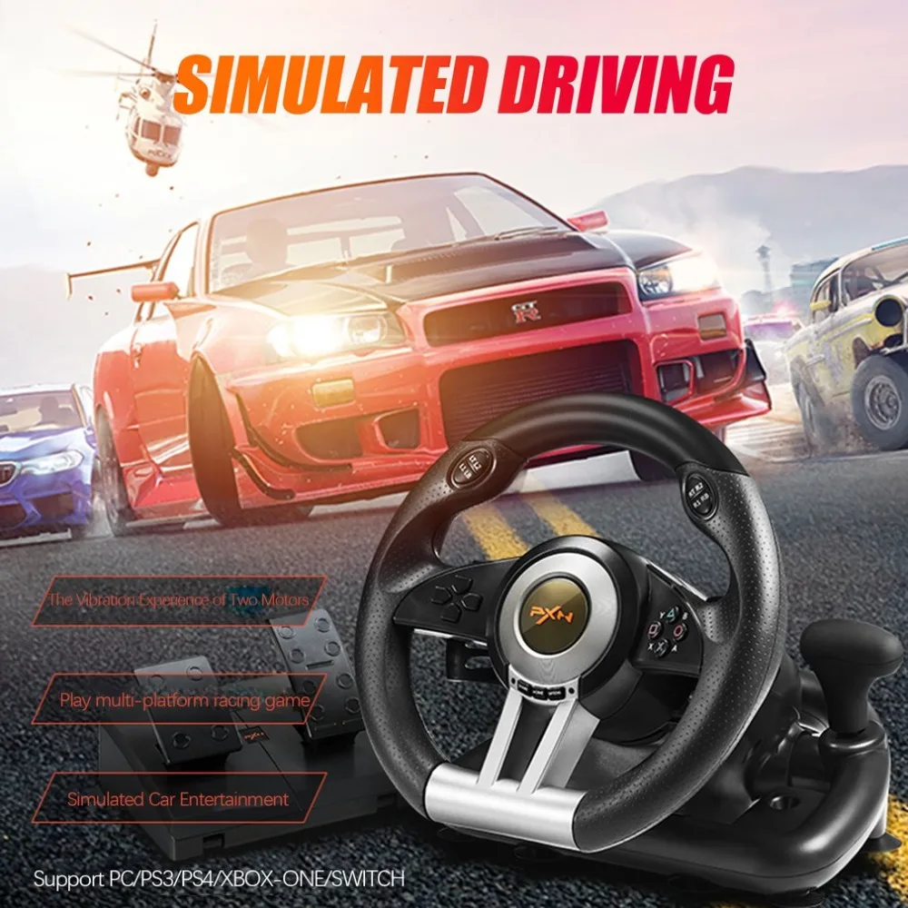 PXN V3II Racing Game Steering Wheel with Brake Pedal for PC/PS3/PS4/XBOX ONE/SWITCH