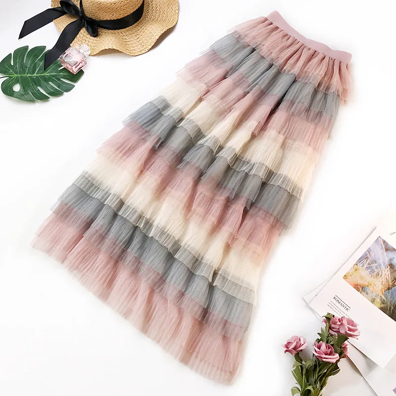 

Free Shipping 2019 Long Layered Skirts Ruffles Maxi Skirts For Women Rainbow Color Waisted Skirts Spring Summer Mesh Skirts