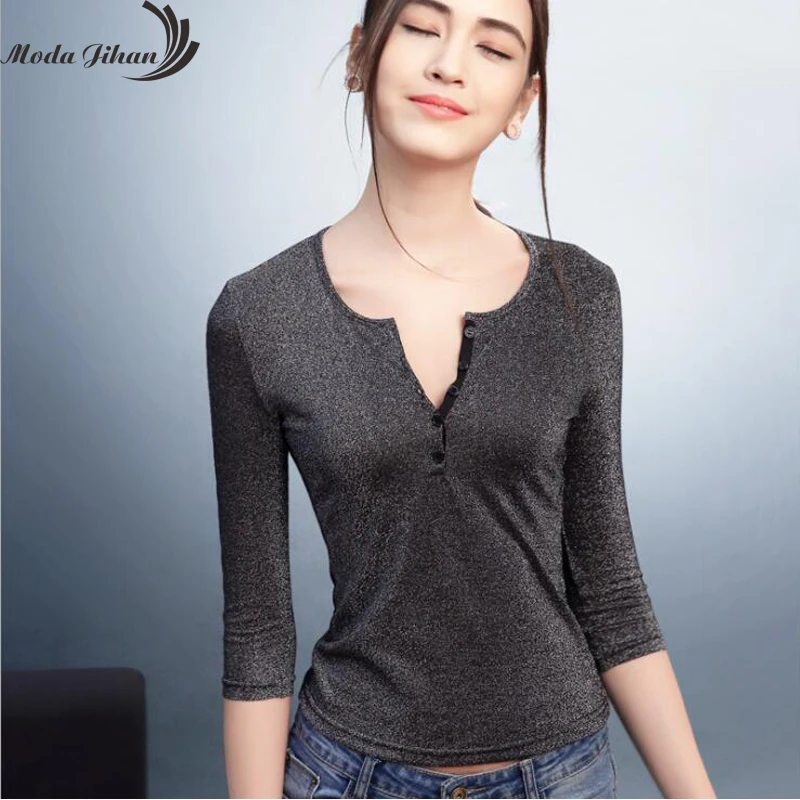 Moda Jihan простая стильная женская футболка с рукавом 3/4 женские топы из мягкого
