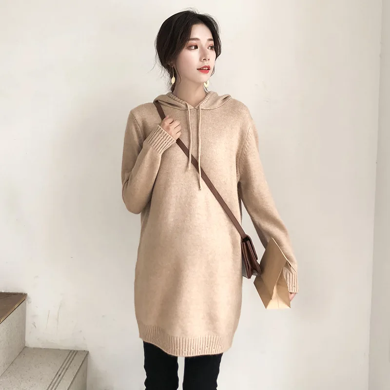 

Autumn Winter Maternity Loose Elastic Sweater Expectant Mother Knit Long Soft Sweater Pregnant Women Hooded Pregnancy Clothes
