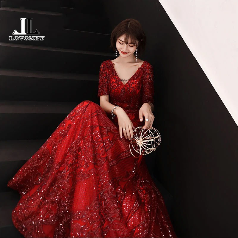 LOVONEY Elegant V Neck Sequins Evening Dress Long Open Back Half Sleeves Formal Party Dresses Evening Gown Robe De Soiree XYG821 LOVONEY Elegant V Neck Sequins Evening Dress Long Open Back Half Sleeves Formal Party Dresses Evening Gown Robe De Soiree XYG821