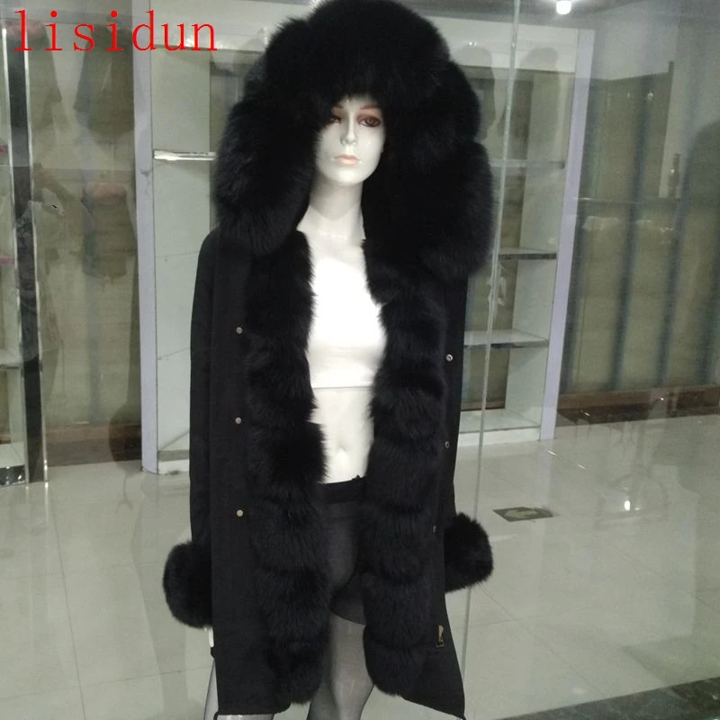 

lisidun2018 natural fox fur coat Jacket fashion fox fur collar female rex rabbit liner Female winter warm Park Hoodie plus size