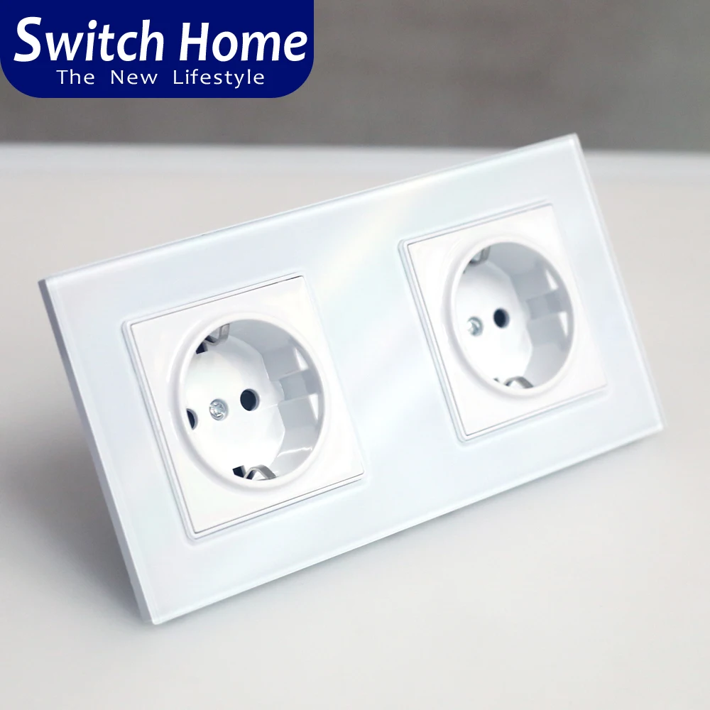 

Double eu socket, Wall Crystal Glass Panel Power Socket Grounded 16A EU Standard Electrical Black Double Outlet 172mm * 86mm
