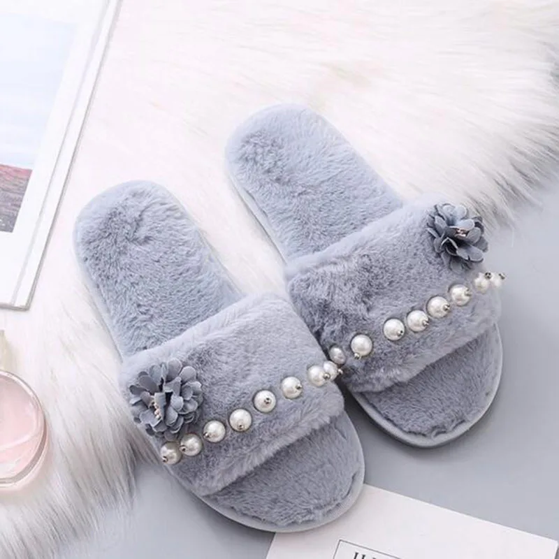 

Beauty Women Fashion Furry Slippers Shoes Fluffy Female Males Indoor Slippers Shoes Pearl Crystal Bowknot Design Shoe Big Size