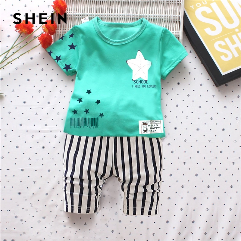 

SHEIN Kiddie Star Print Tee With Striped Print Shorts Boy Two Piece Sets 2019 Spring Short Sleeve Casual Clothes Boys Suit