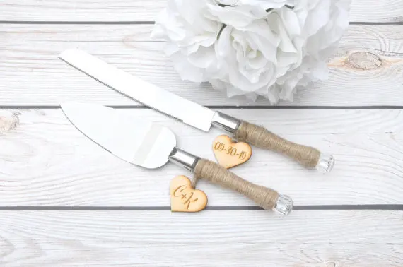 

Personalized cake cutting knife set- rustic woodland cake knife serving set
