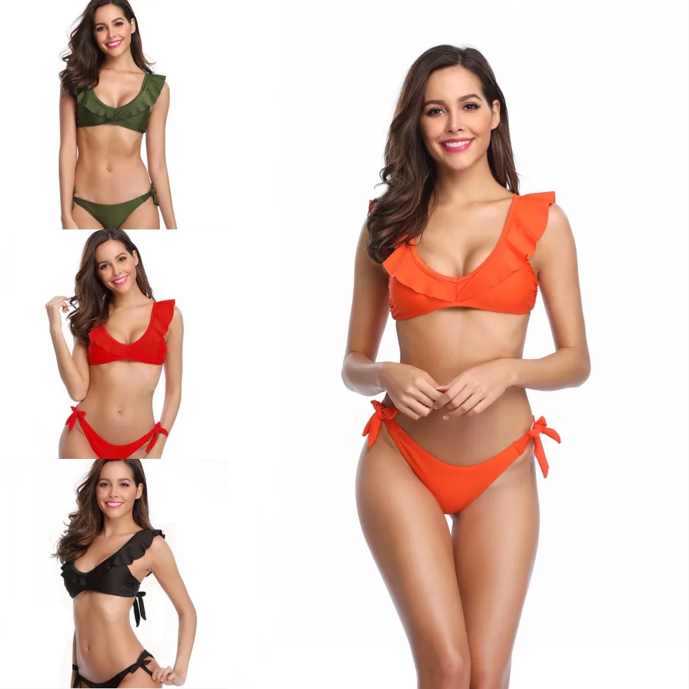 

bikinis 2019 Ruff push up Summer Beach Bikini Set Low Waist Solid Girl Bathing Suits Swimwear Femme plus size swimwear biquinis