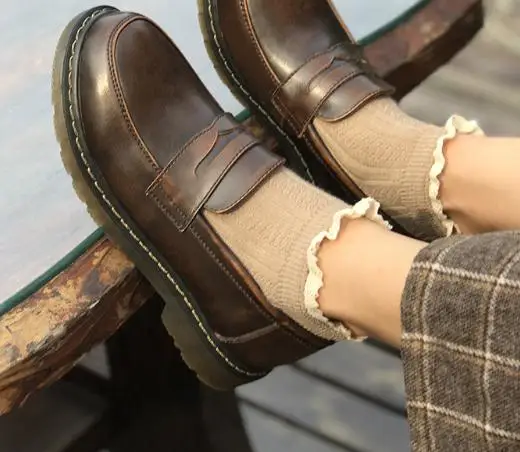 Femmes Baimier OccasionnelsNoir Oxford Chaussures Véritable Rond Mocassins Bout Cuir Rétro Pour marron Britannique O0nwPk