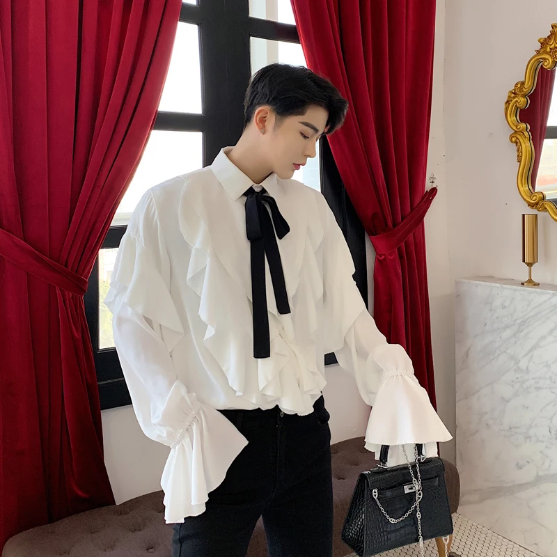 

MIXCUBIC 2019 spring summer British style Retro court Bell sleeve shirts men casual loose Ruffled shirts for men,size M-XXL