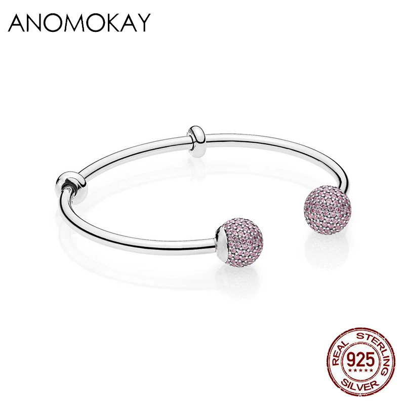 

Anomokay Genuine 925 Sterling Silver Pink Cz Crystal Women Open Cuff Pan Bangle Bracelet Luxury Silver Jewelry Bracelet Gift
